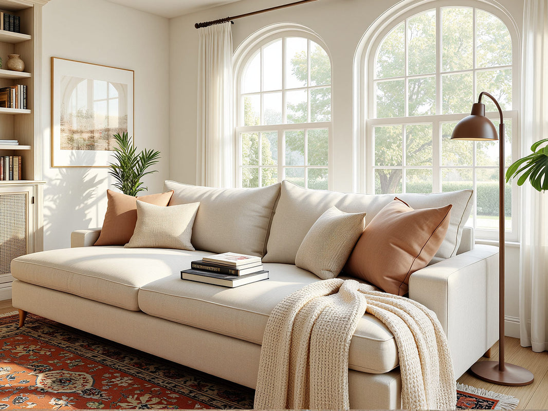 A cozy living room with a cream-colored sofa, beige and brown pillows, a knitted throw blanket, large arched windows letting in natural light, a standing lamp, and a patterned rug.