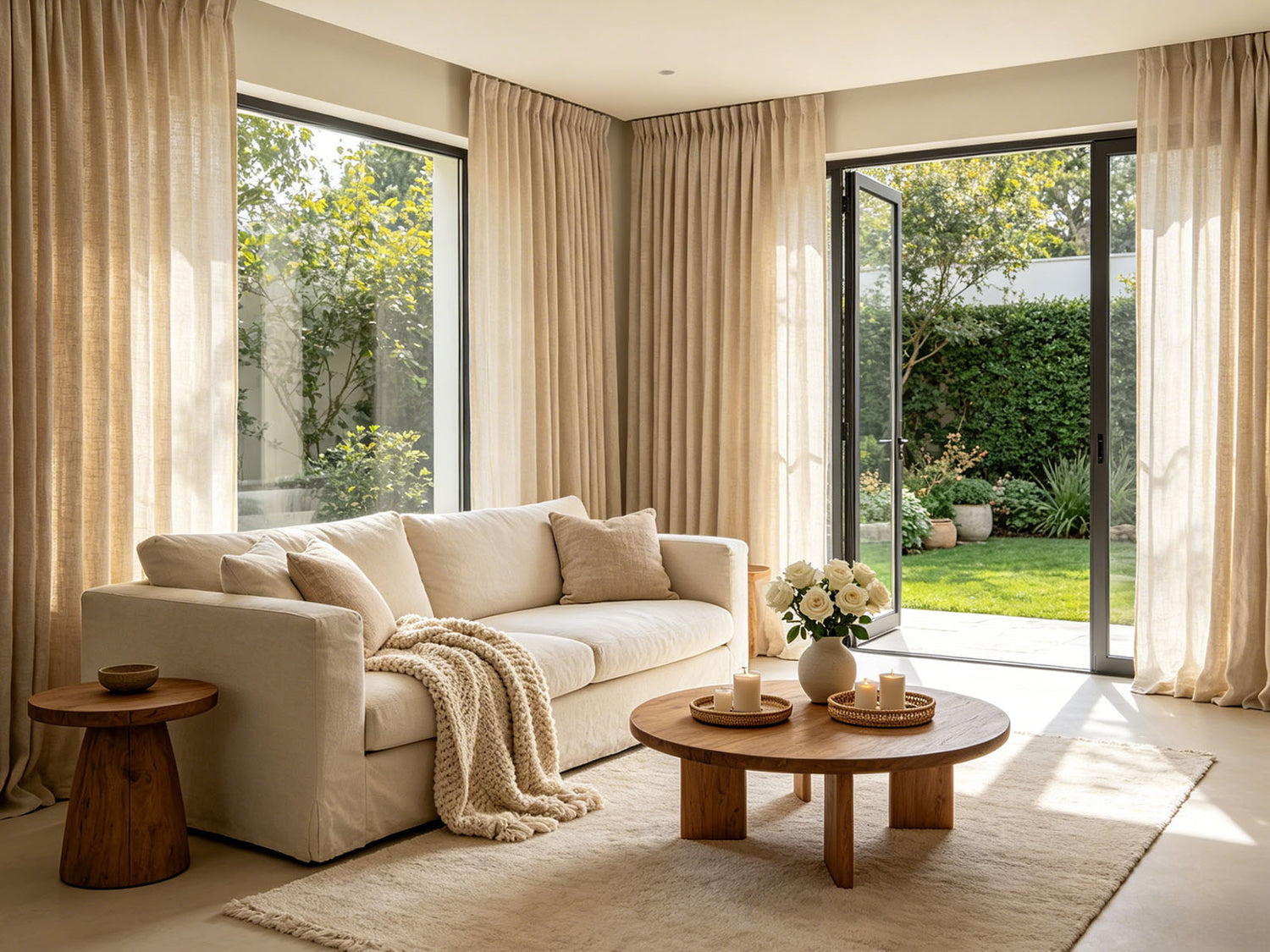 Beige linen curtains in a modern living room with large glass doors and natural light