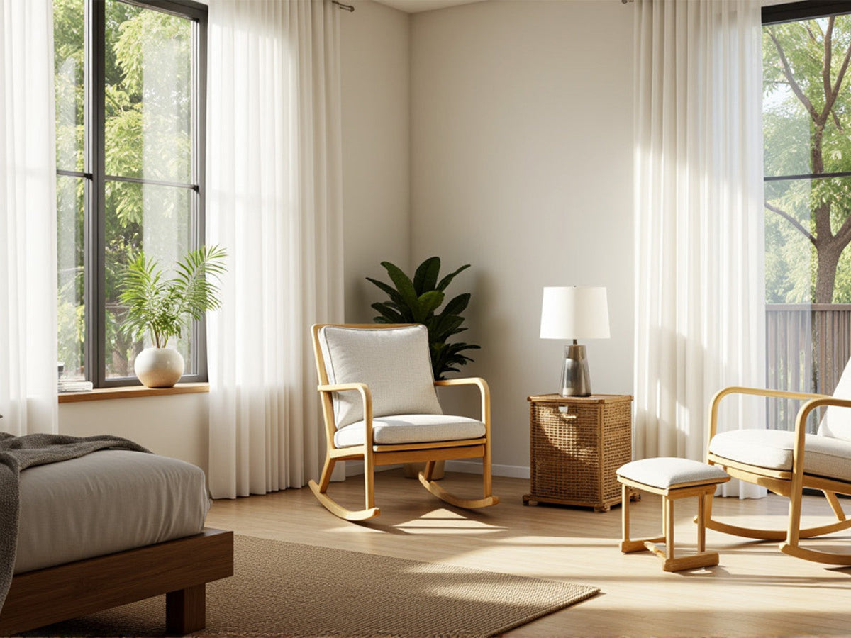 Bright corner of a bedroom with white sheer curtains, two wooden rocking chairs, and a rattan side table next to large windows.
