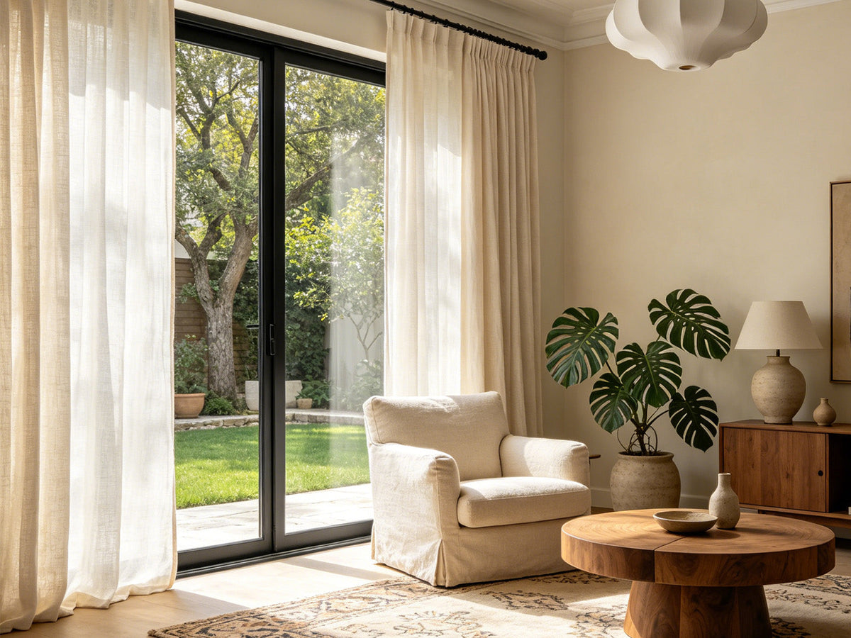 Joydeco light-filtering sheer curtains on living room sliding doors