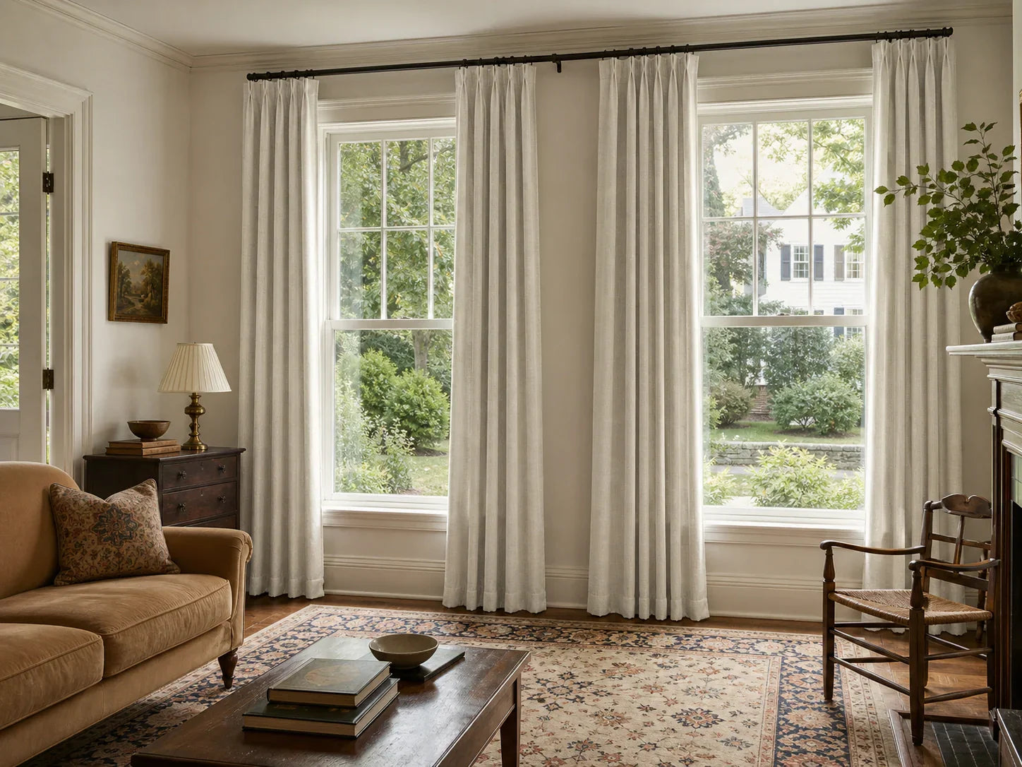 Joydeco solid cream curtains paired with a traditional patterned rug in a living room