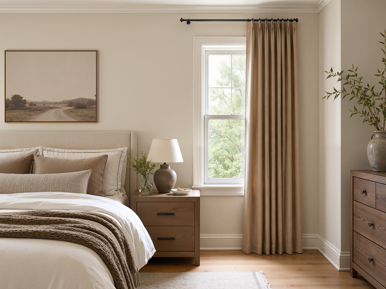 Joydeco beige curtain panel beside a bedroom window with warm wood furniture and neutral bedding