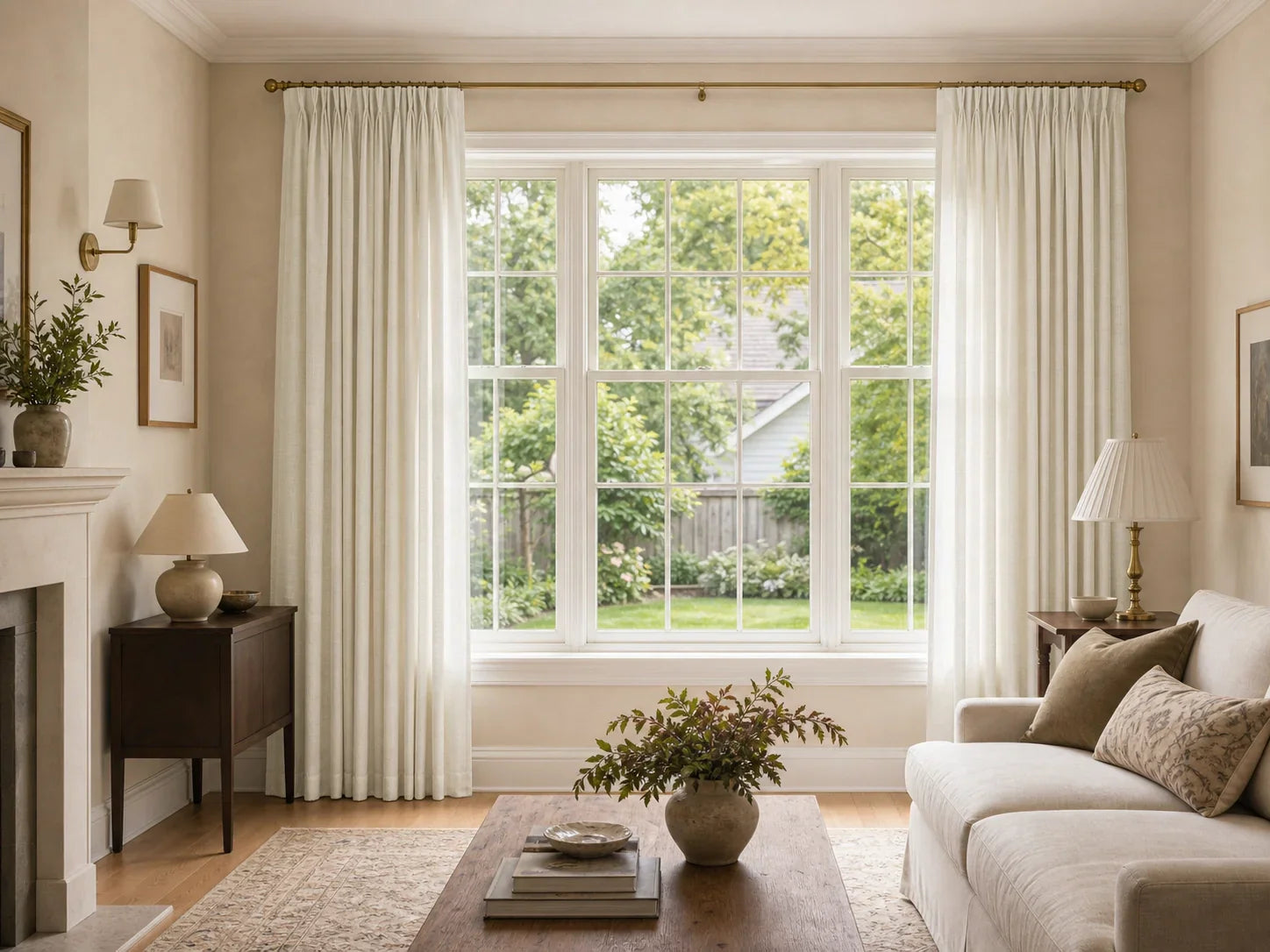 Joydeco cream curtains hung high and wide to make living room window look bigger
