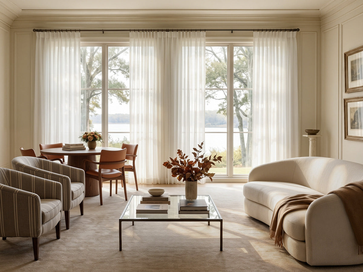 Elegant living room with sheer white curtains, cream sofa, glass table, and lake view