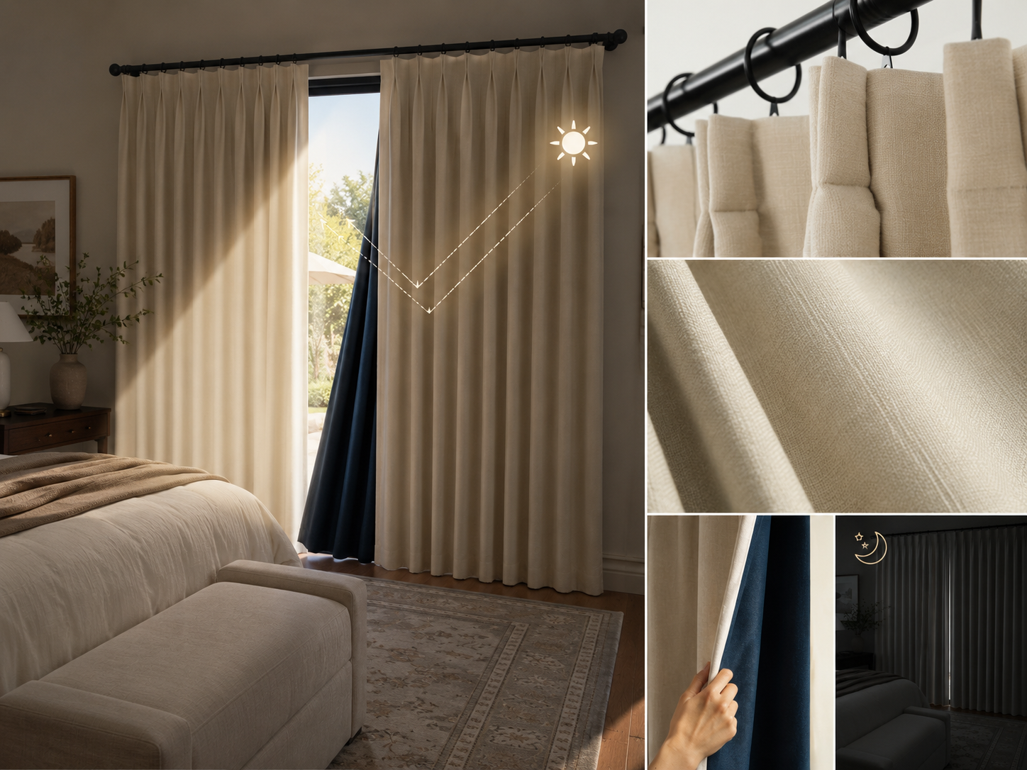 Beige blackout curtains in a bedroom with fabric, pleat, lining, and light-blocking detail panels