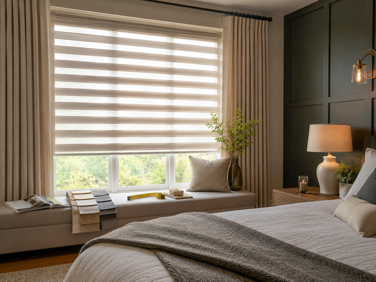 	Bright living room with floor-length textured curtains on black rods, showing how decorative side panels frame tall windows alongside functional shades for adjustable natural light