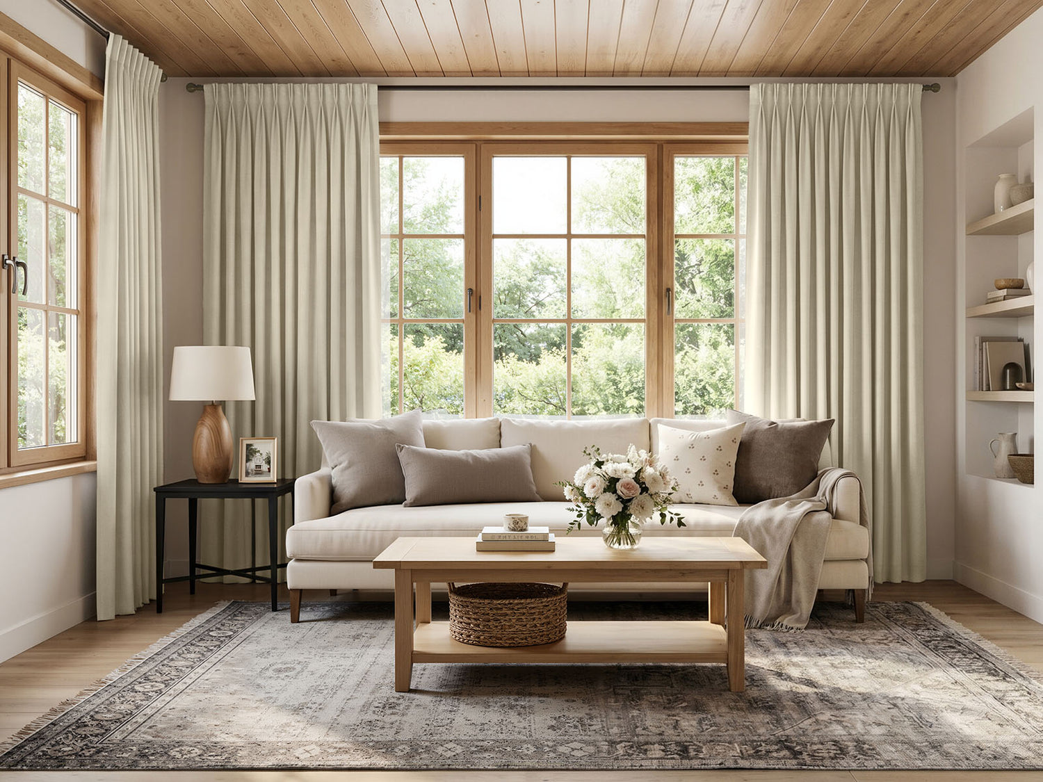 Joydeco cream chenille curtains in a cozy farmhouse living room