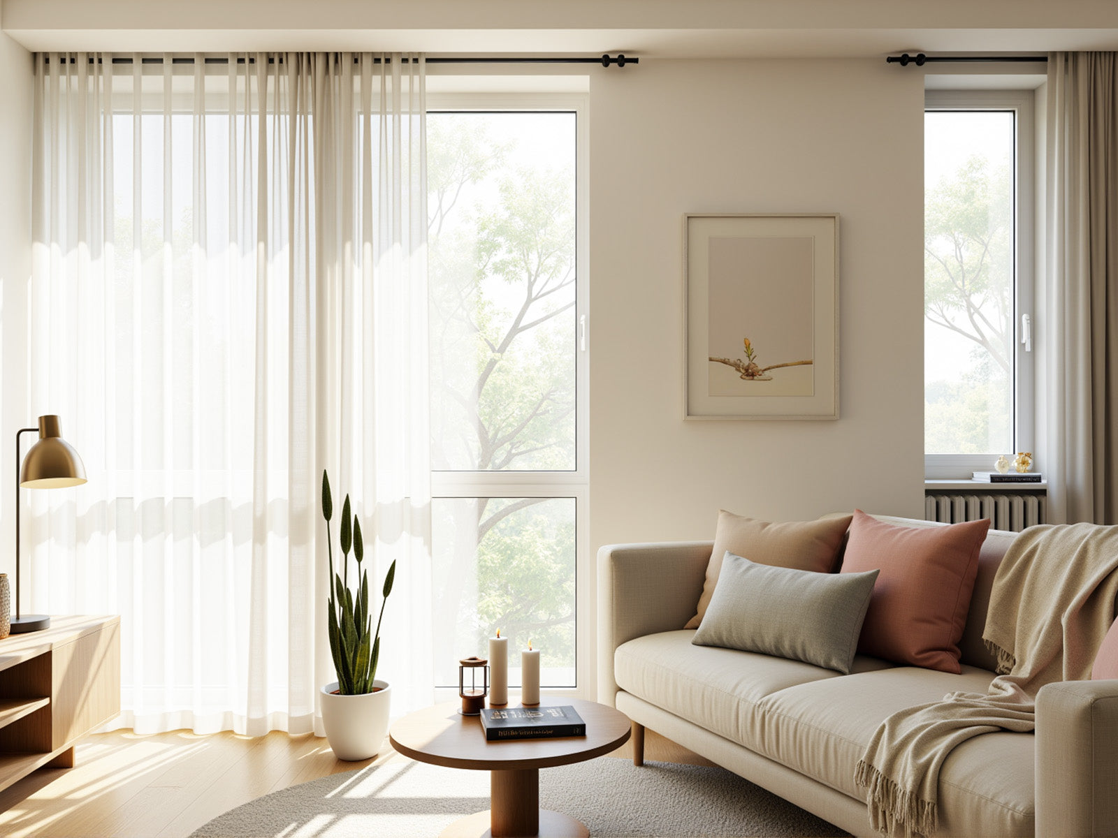 Joydeco living room with a beige sofa, round coffee table, and bright sheer white curtains letting in natural light.