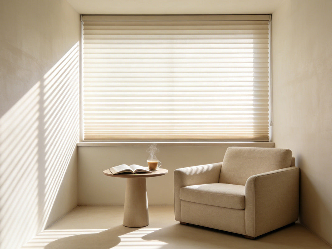 Minimalist reading nook with a beige armchair and side table, featuring a pleated cellular shade filtering sunlight into striped shadows.