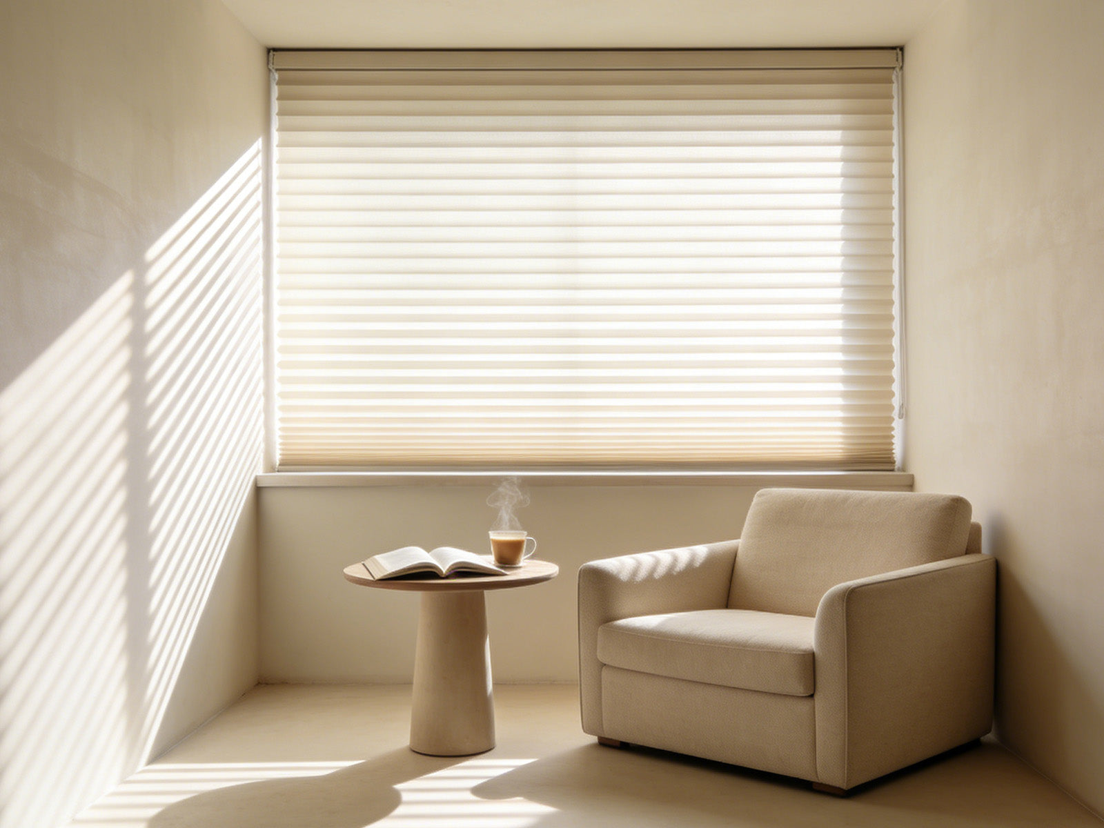 Minimalist reading nook with a beige armchair and side table, featuring a pleated cellular shade filtering sunlight into striped shadows.