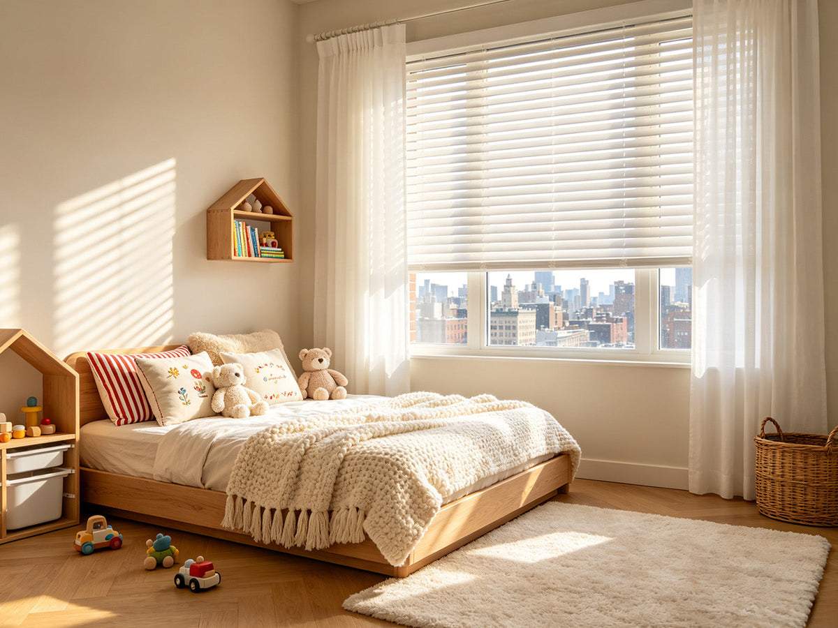 Joydeco white cordless blinds and sheer curtains in a sunlit kids bedroom.