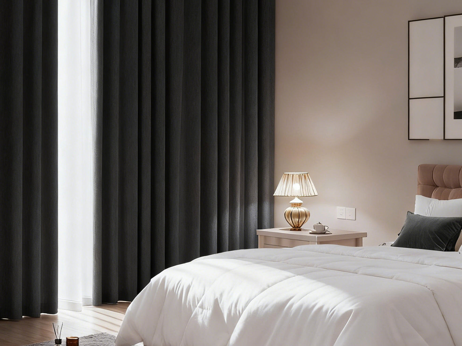 A cozy bedroom with a white bed and dark grey blackout curtains.
