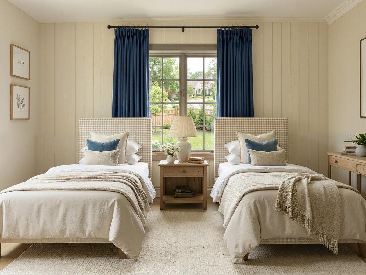 Twin bedroom with navy curtains, checkered headboards, and a garden view through the window