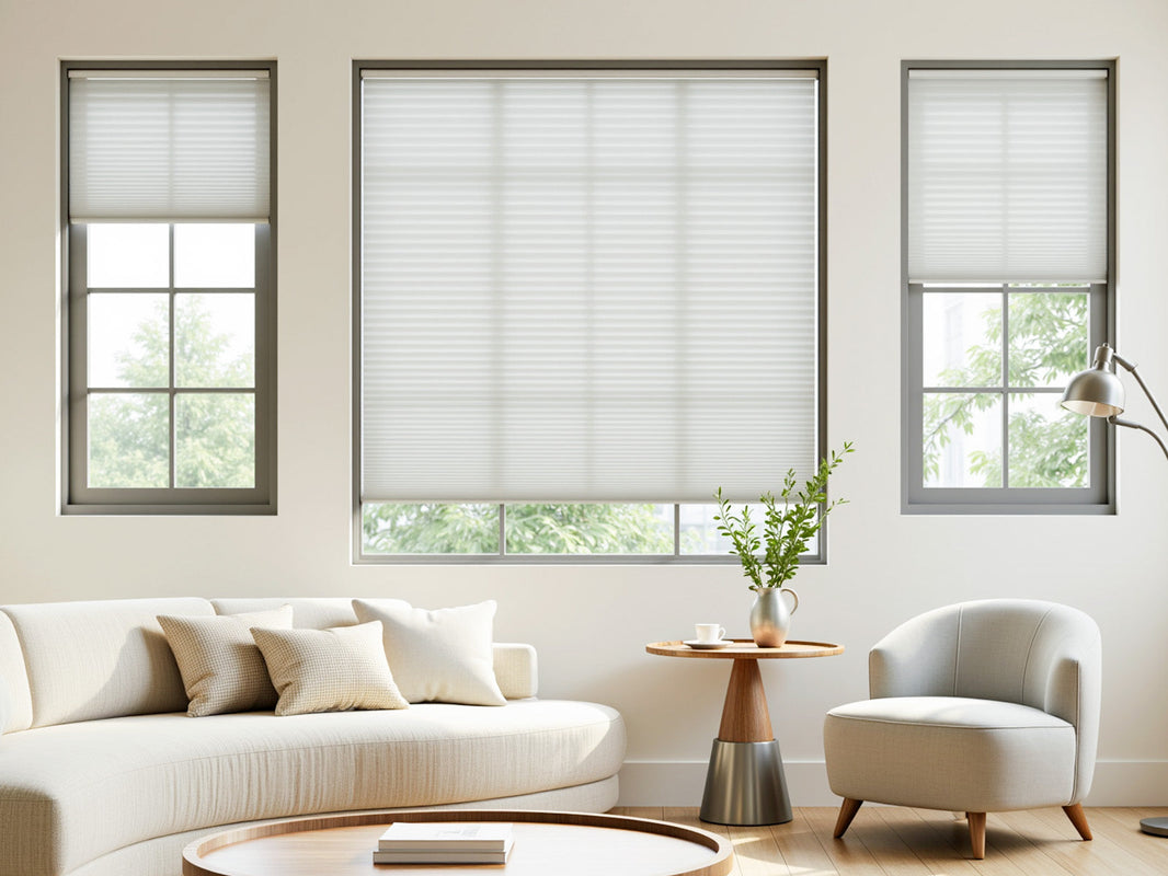 White cellular shades in a bright, modern living room with three windows.