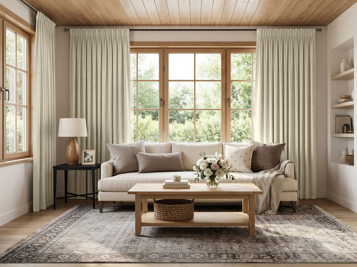 Joydeco cream chenille curtains in a cozy farmhouse living room