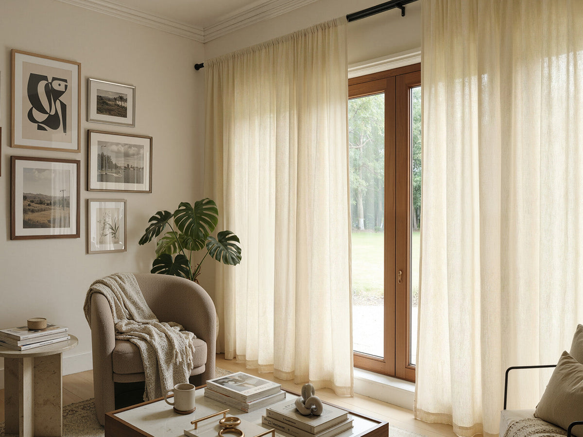 Custom linen curtains in a modern living room showcasing tailored fit and elevated interior aesthetics