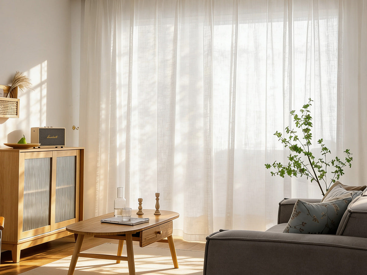 A bright living room with sheer white curtains, a wooden cabinet, a gray sofa, and natural sunlight streaming through the windows.