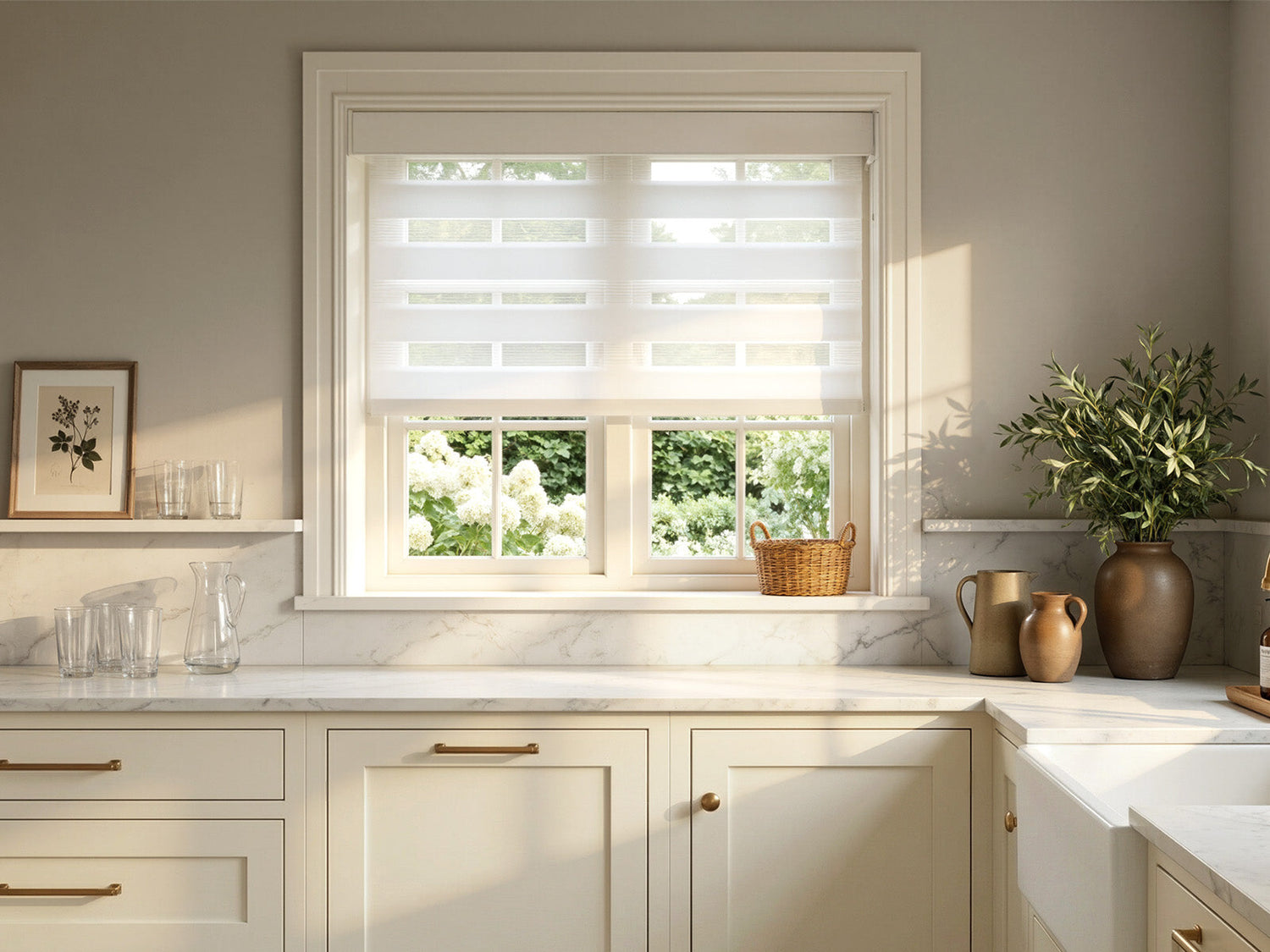 White zebra blinds in a bright kitchen window, demonstrating layered light filtering that pairs with natural linen drapery for adjustable privacy and daylight control
