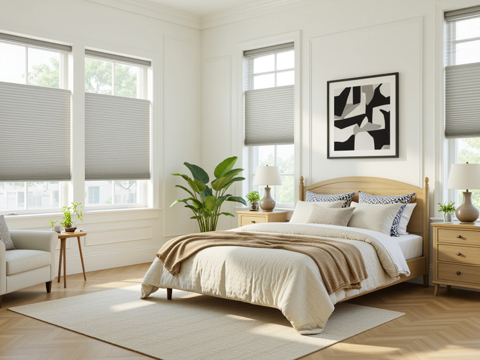 A bright, minimalist bedroom with three large windows featuring light gray cellular/honeycomb shades for energy efficiency and light control.