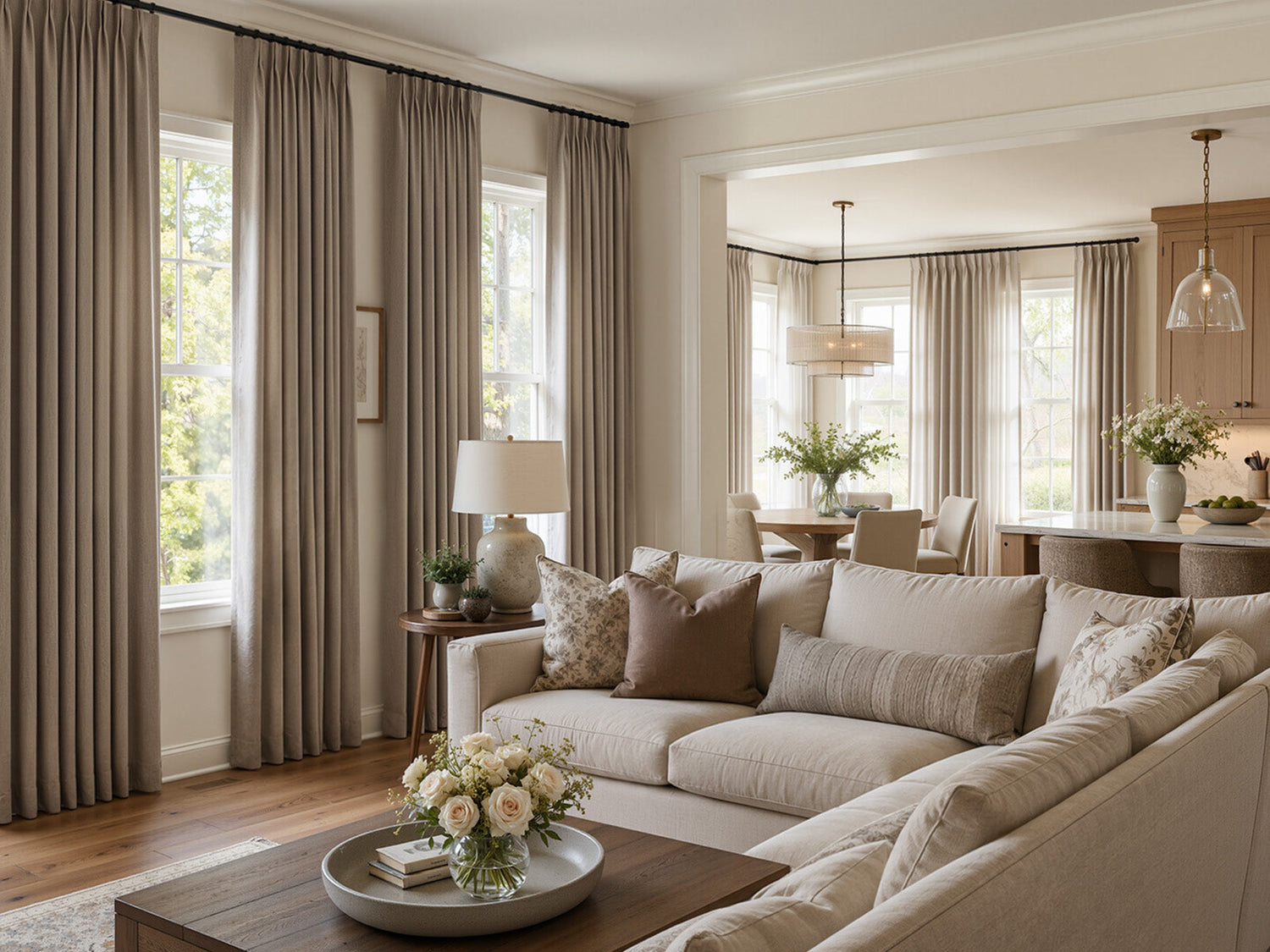 Warm taupe pinch‑pleat curtains in open‑concept living dining kitchen home interior