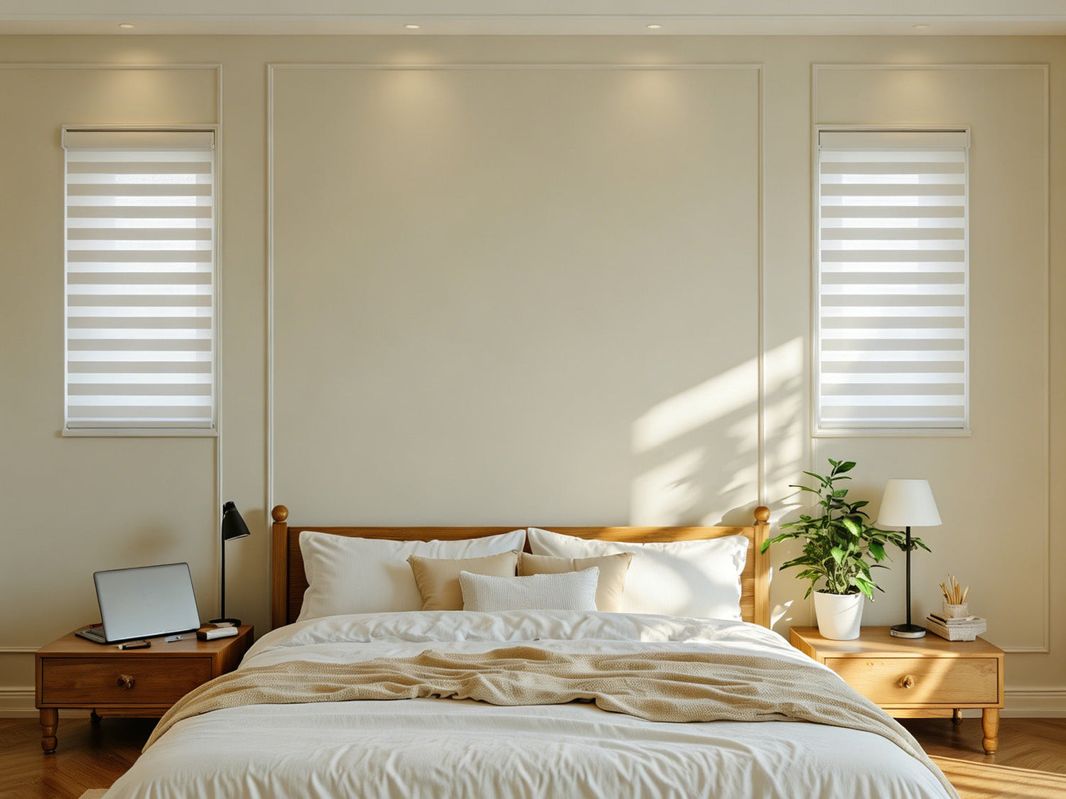 Cozy bedroom with white zebra blinds on two narrow windows flanking the bed.
