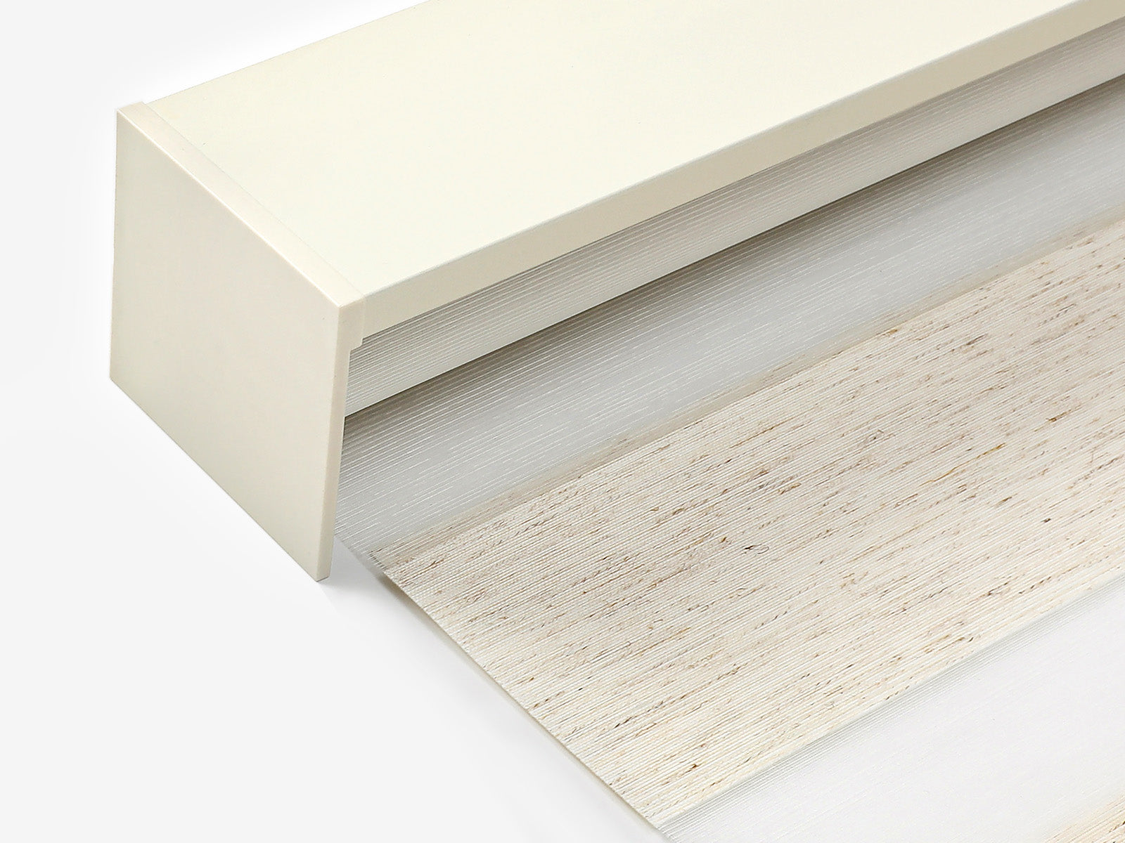 A cozy, sunlit bedroom featuring beige zebra blinds and coordinating bedding in a modern, calm interior style.