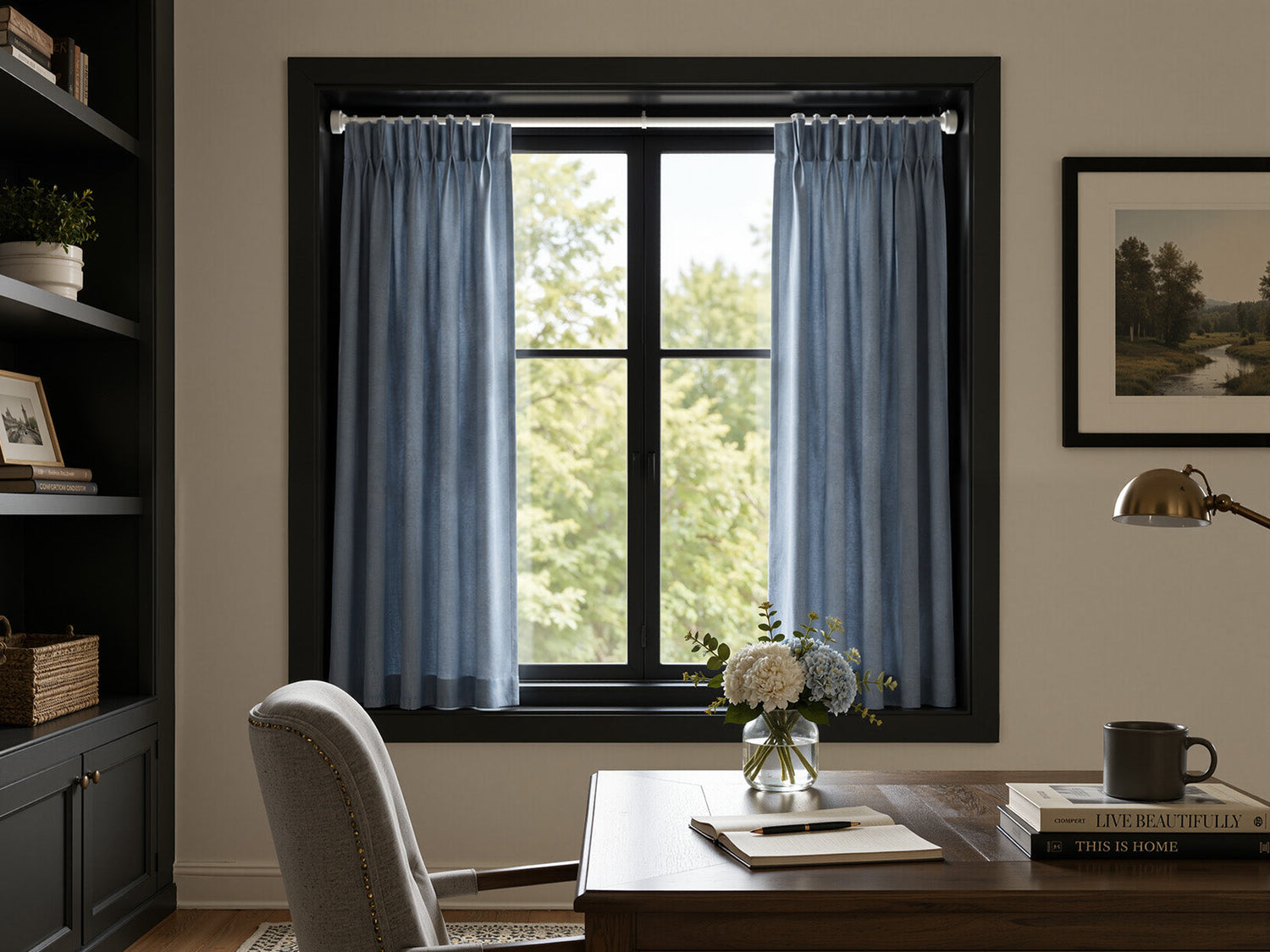Modern home office setup featuring a dark wood desk, brown chairs, grey curtains