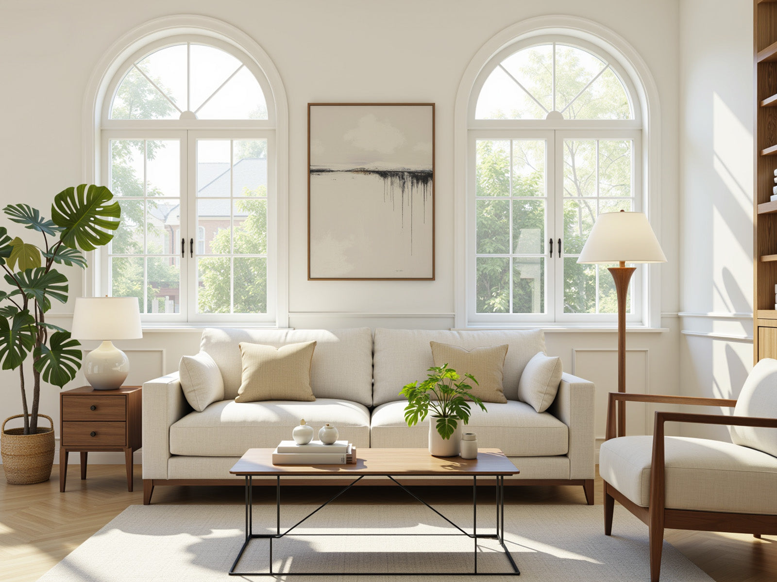 A bright and elegant living room with arched windows, sheer curtains, and a cozy beige sofa surrounded by wooden furniture and indoor plants.
