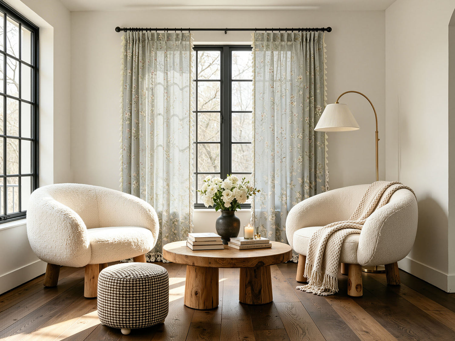 	Bright living room with floor-length textured curtains on black rods, showing how decorative side panels frame tall windows alongside functional shades for adjustable natural light