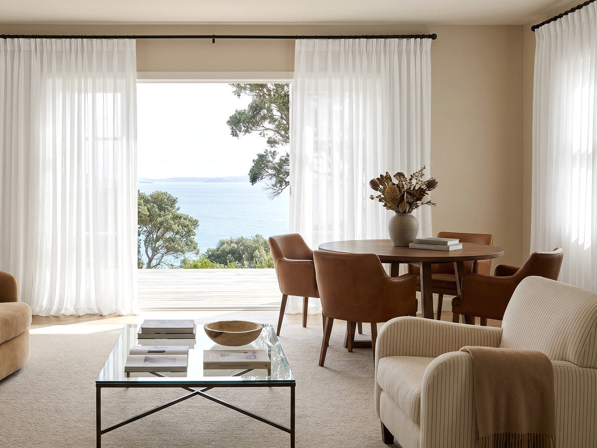 Joydeco white sheer curtains fully opened to show stack back on patio doors
