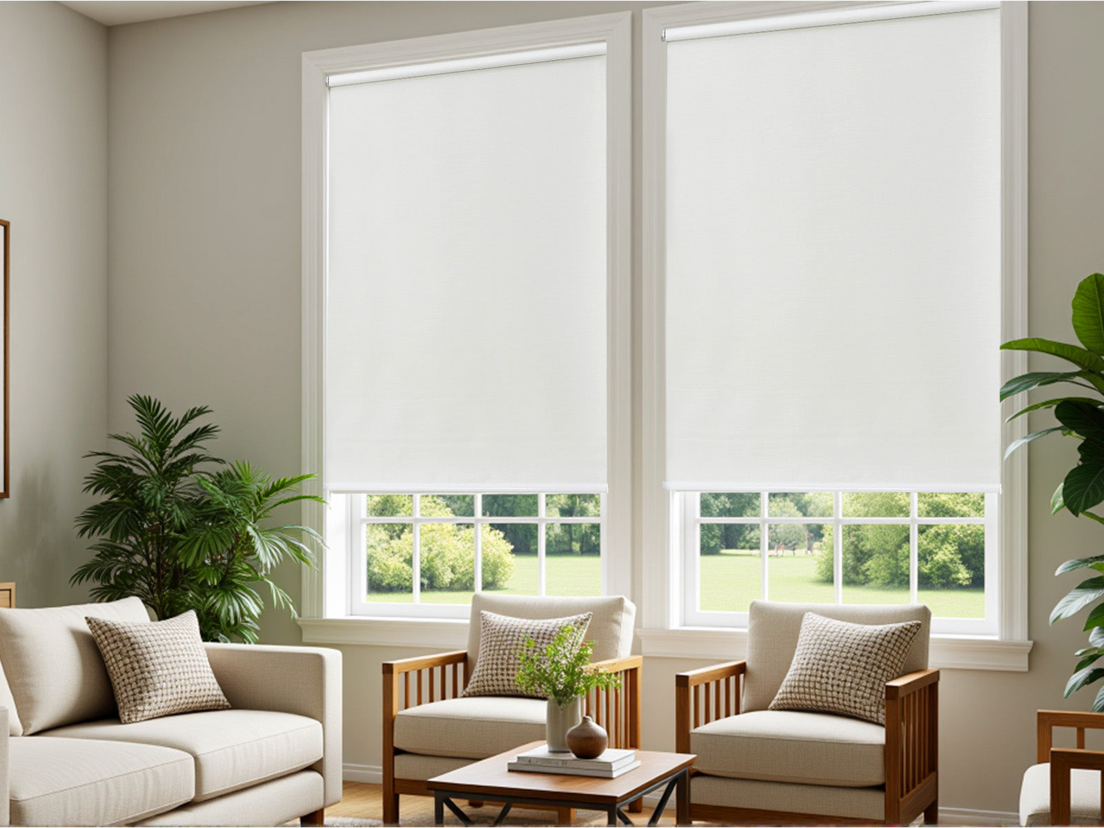 Tan Roman shades installed over a large window in a bright living room, featuring a wooden lounge chair and neutral decor.