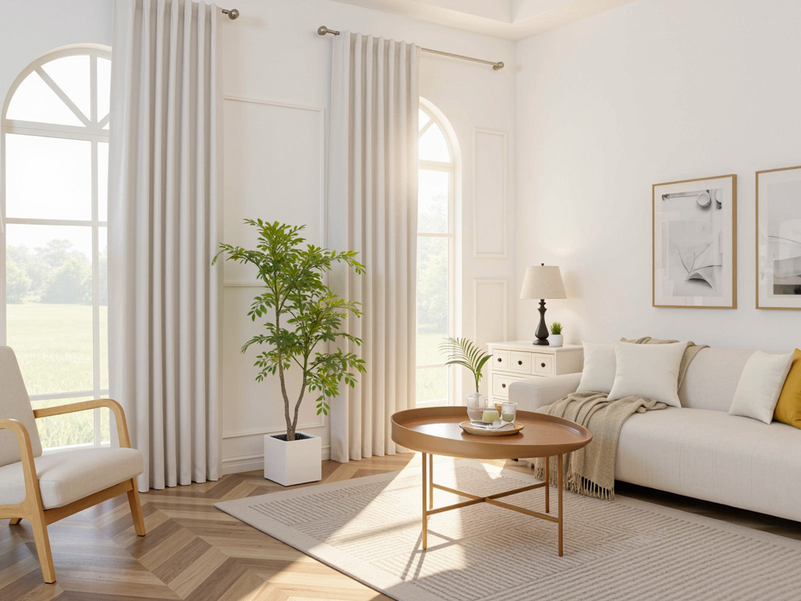 A bright, minimalist living room with two large arched windows featuring light beige ripple fold curtains and a wooden coffee table.