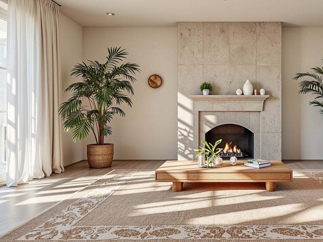 A sunlit living room featuring a stone fireplace and elegant, floor-length beige curtains.