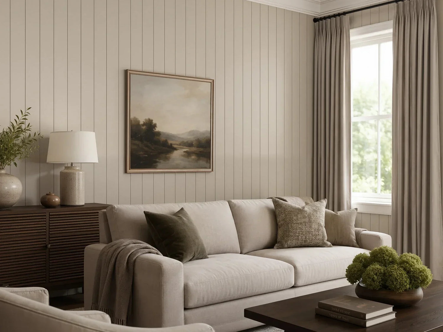 Neutral beige long curtain drapes beside sofa in stylish farmhouse living space