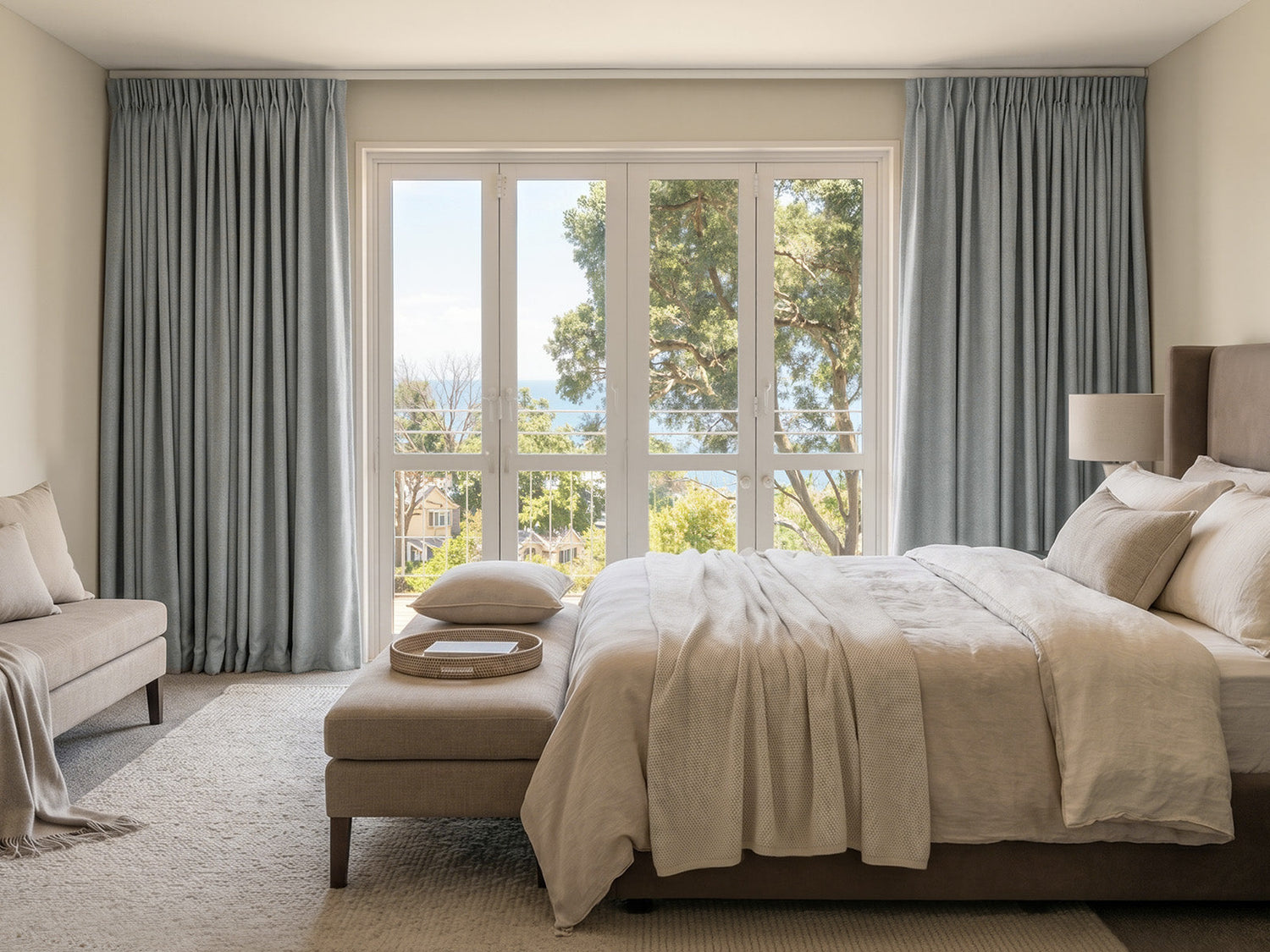 Bright guest bedroom with floor-to-ceiling blue curtains and natural light, perfect for holiday home decor