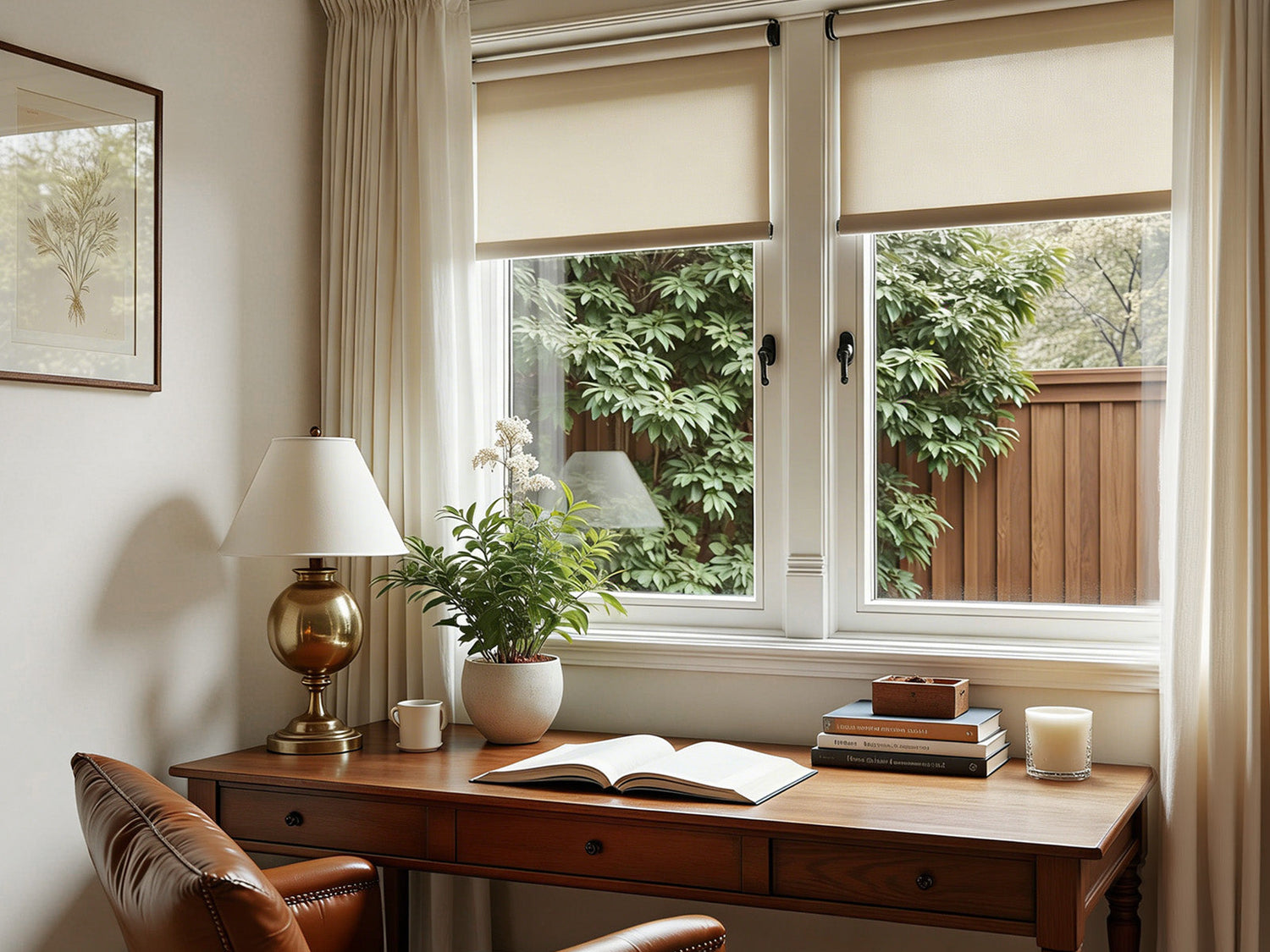 Classic wooden desk with a lamp in front of windows with cream roller blinds.