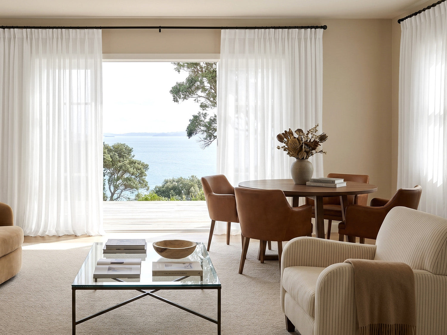 Joydeco white sheer curtains fully opened to show stack back on patio doors