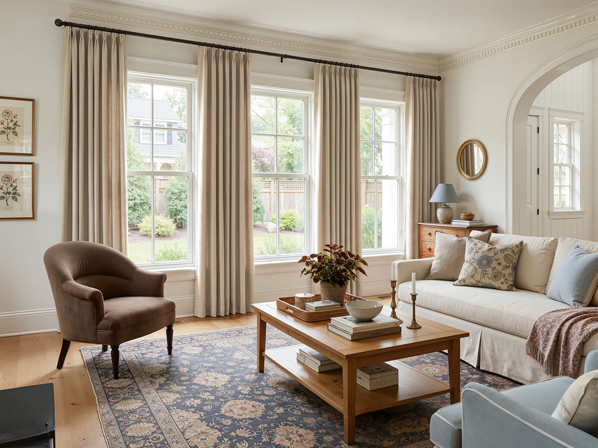 Classic living room with beige pleated curtains, large windows, sofa, armchair, and floral rug