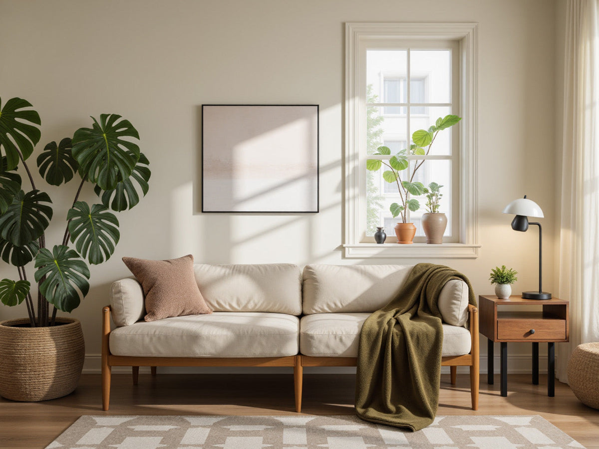 Joydeco minimalist living room with a cream sofa, green throw, and a large Monstera plant.