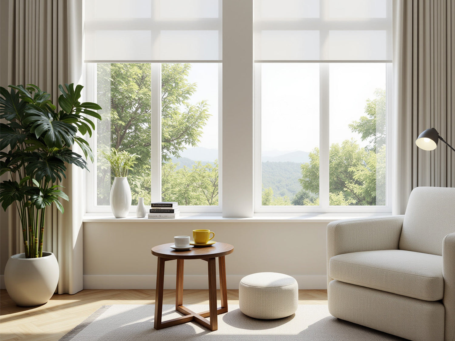 A wooden desk and leather chair in front of a window with cream roller shades.