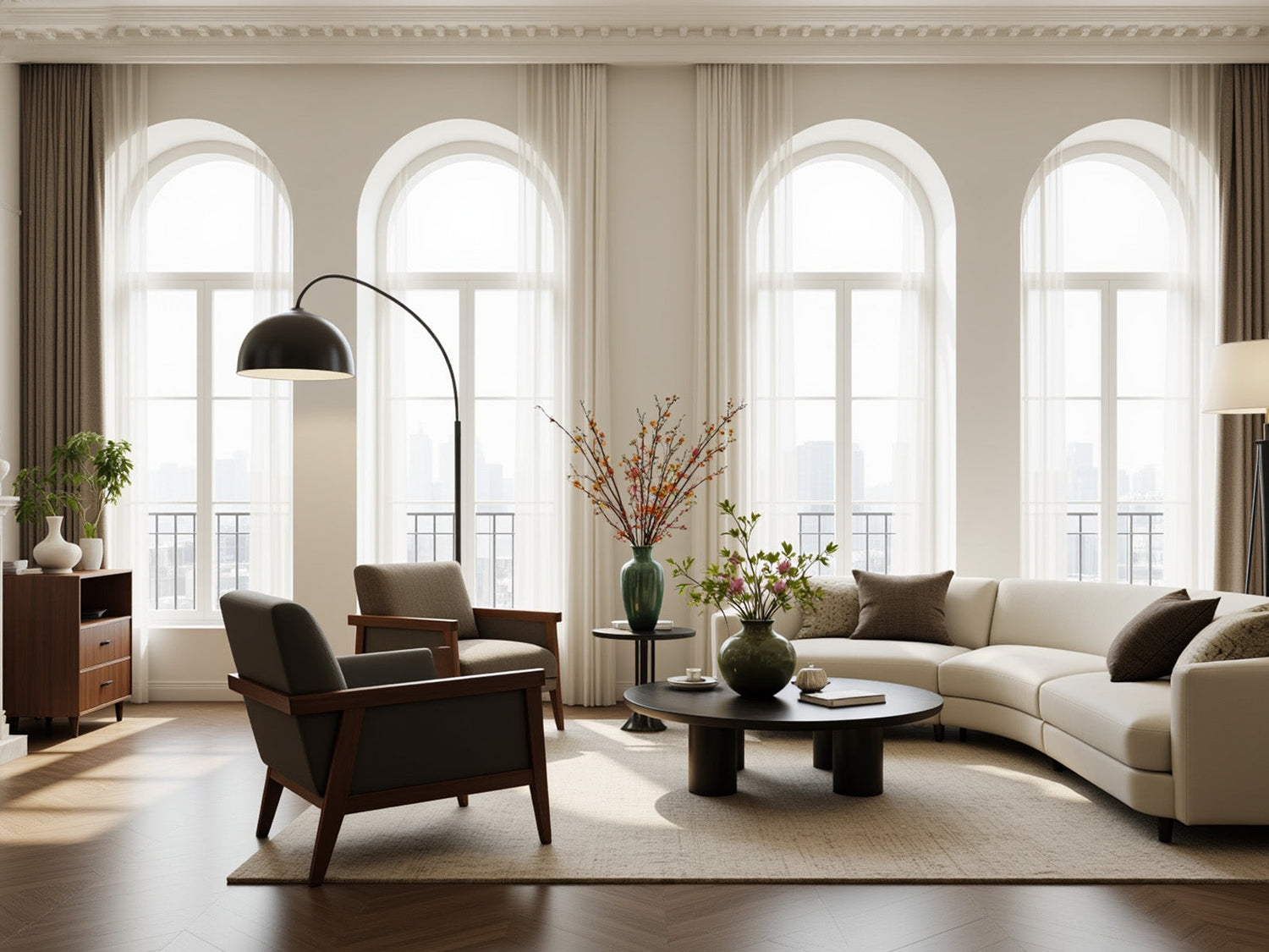 Elegant living room with four arched windows featuring Joydeco white sheer curtains.