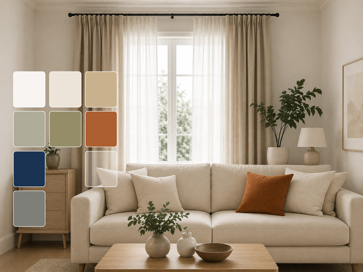 Living room with beige curtains and color palette samples, choosing the right tones to prevent flat curtain looks