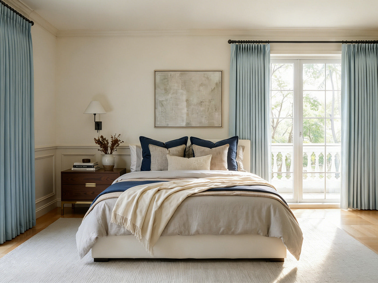 A modern, light-filled bedroom featuring white striped zebra blinds on a window.