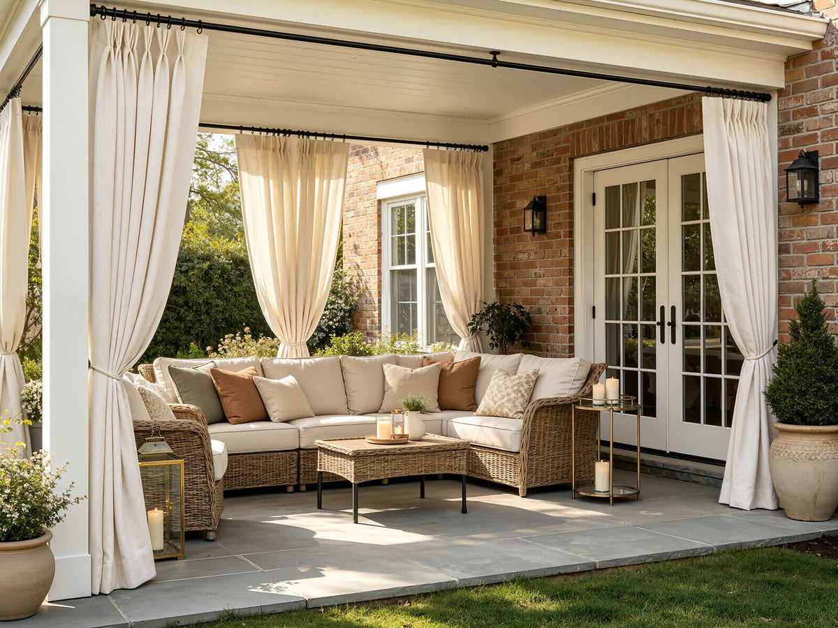 Joydeco cream sheer linen curtains tied back on a brick patio porch