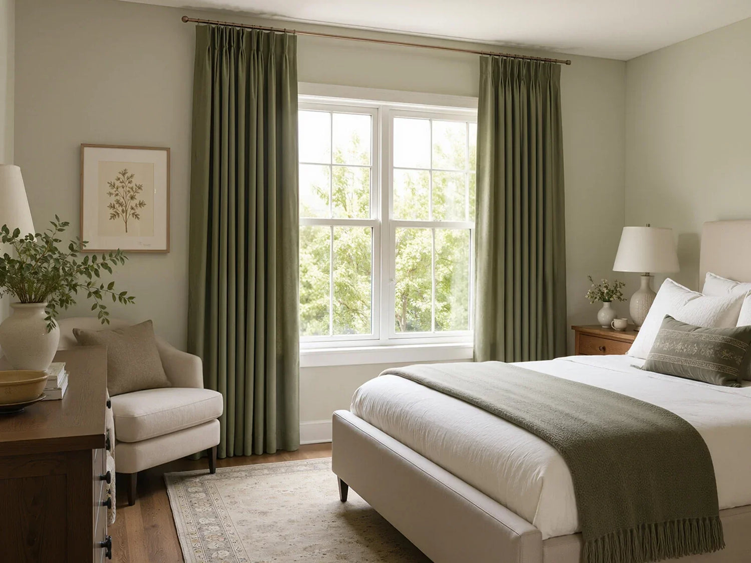 Sage green pinch pleat blackout curtains decorating soft‑toned peaceful bedroom