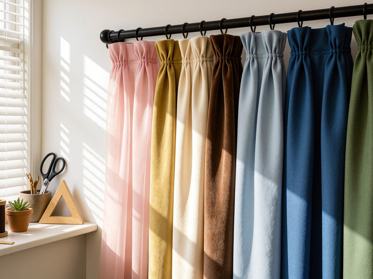A row of Joydeco curtain fabric samples in various colors hanging on a rod.