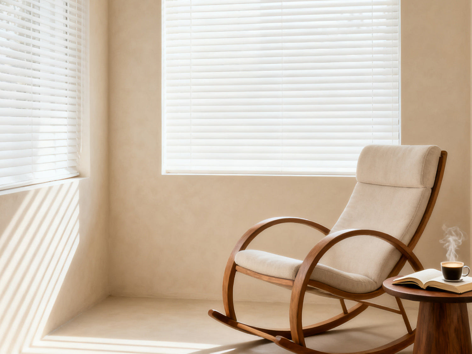 Joydeco's white blinds paired with a wooden rocking chair create a cozy and warm reading corner.