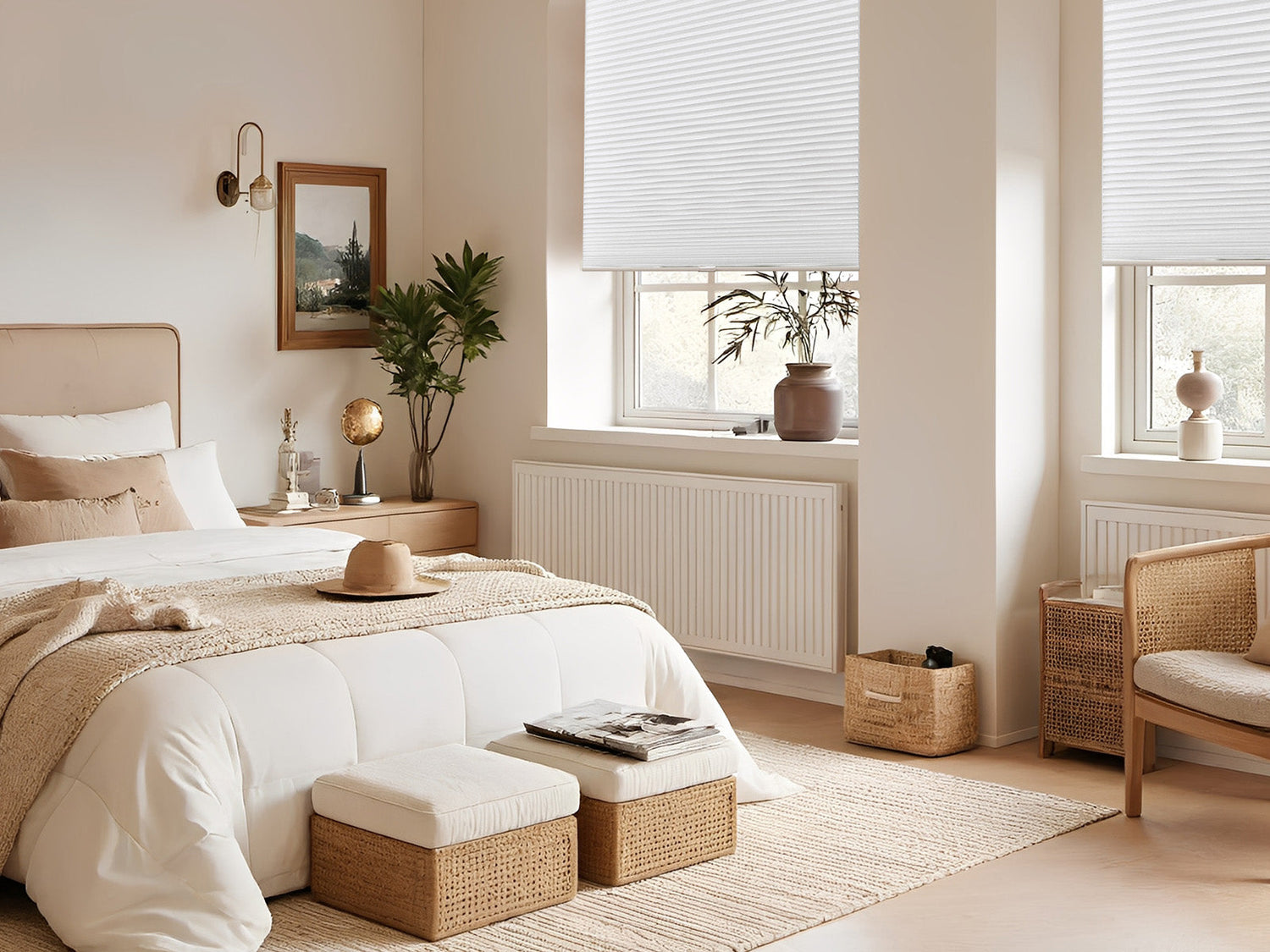 A cozy bedroom with beige decor, white honeycomb blinds, and natural light streaming in.