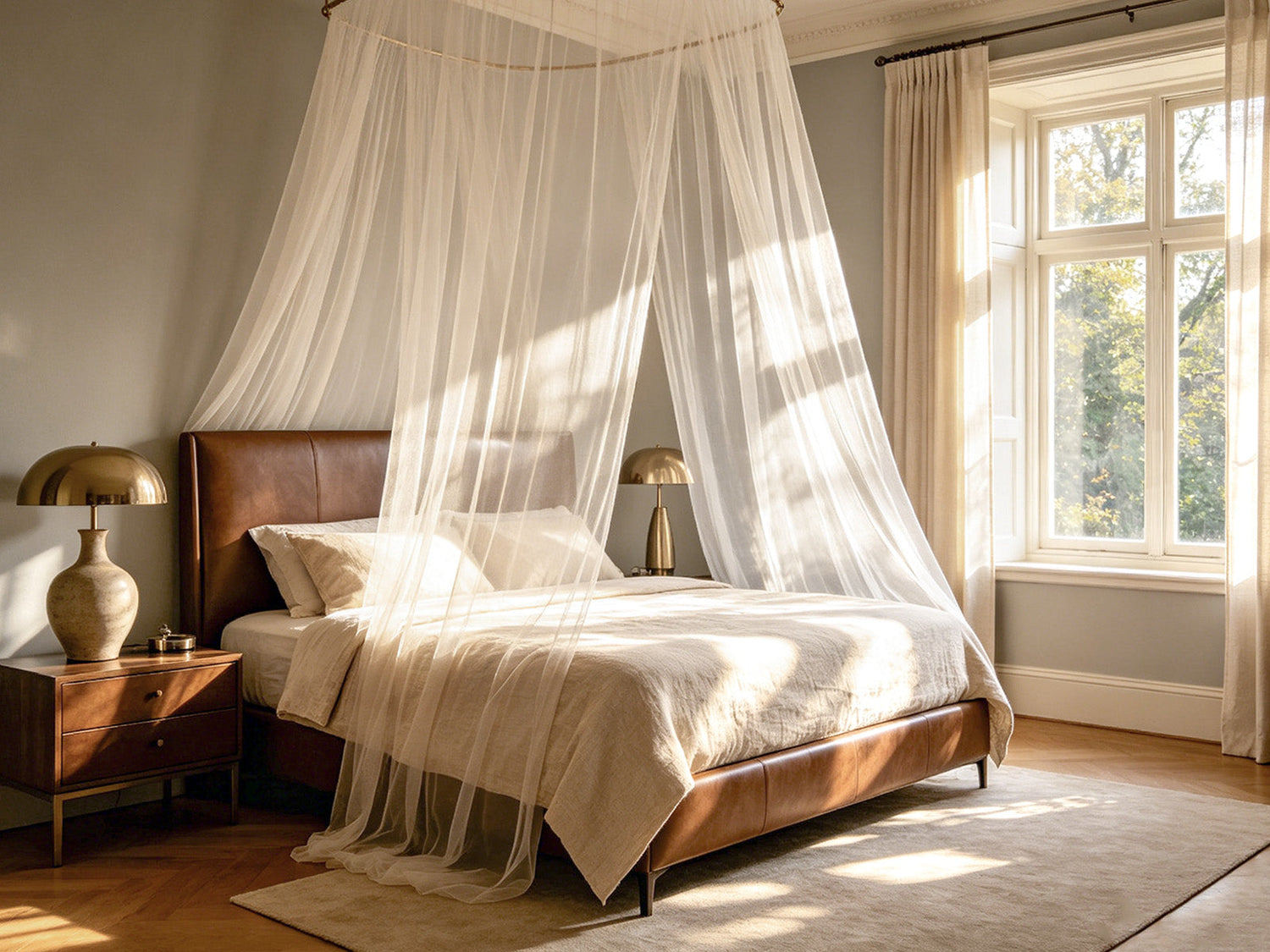 Sheer canopy curtains over a leather bed in a sunlit classic bedroom
