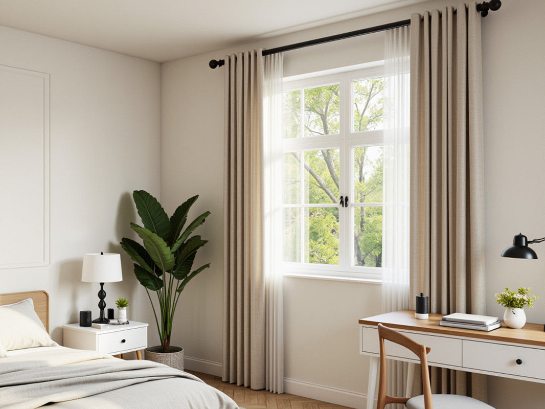 Joydeco blackout and sheer curtains in a bright, minimalist bedroom setup.